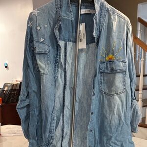 Denim Button Down Shirt with Sun and Stars Embroidery